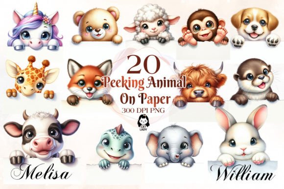20 Cute Peeking Animal on Paper Clipart: Whimsical Charm for Projects