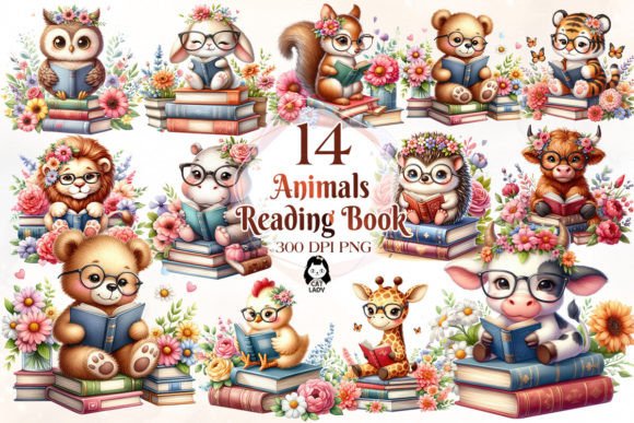 Charming Design Assets: Animal Reading Book Sublimation Clipart