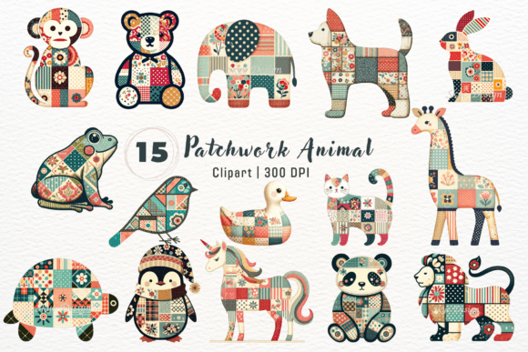Charming Kawaii Patchwork Animal Clipart for Creative Projects