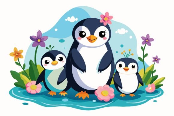 Charming Penguins Animal Cartoon with Flowers on Design Assets