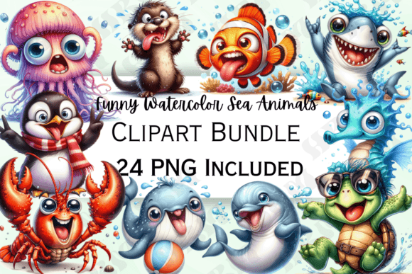 Cute Funny Watercolor Sea Animal Clipart: Dive into Whimsy