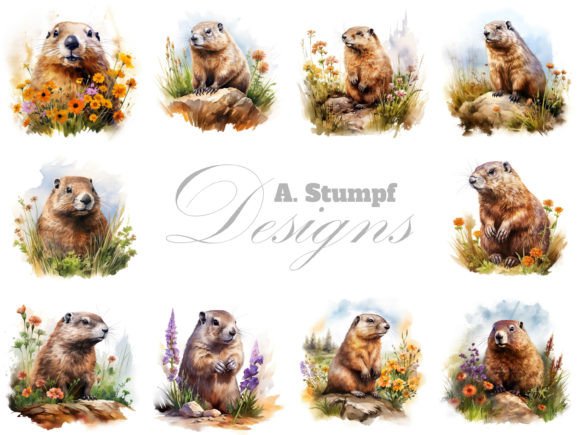 Groundhog Watercolor Clipart Set: 10 Charming Images for Your Designs