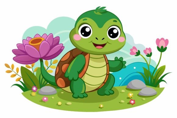 Turtle Animal Cartoon with Flowers: A Playful Design Asset