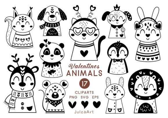 Valentine Animal Clipart: A Black and White Graphic Set