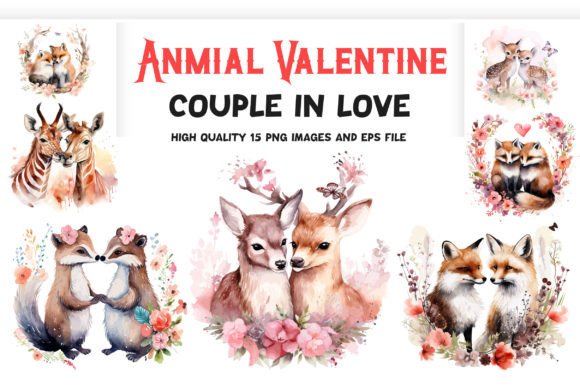 Valentine Animal Couple in Love Clipart: A Playful Design Asset